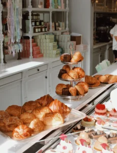 Elegant bakery display featuring croissants, pain au chocolat, canelés, and colorful layered desserts in a glass case.