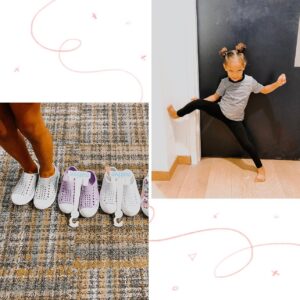 Child standing beside a row of colorful shoes and playfully posing with one leg against a wall