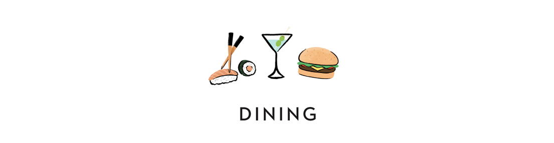 An image of sushi, hamburger and a cocktail