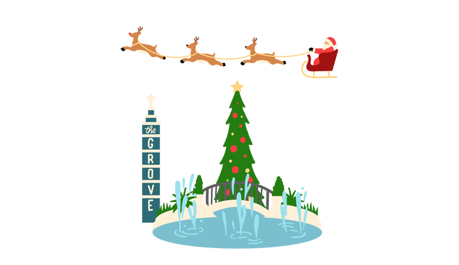 Santa Claus and his reindeers flying over a Christmas tree